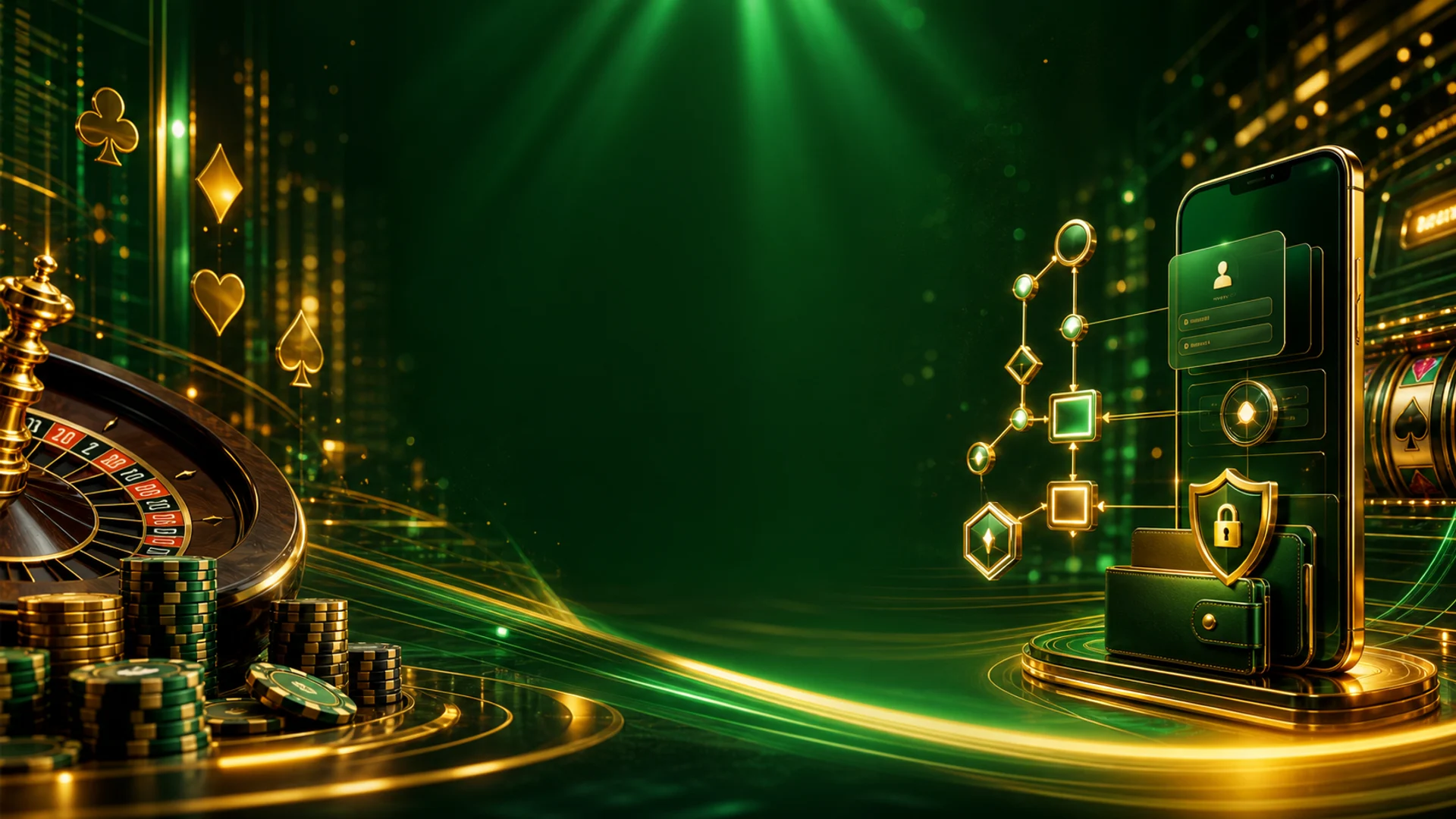 Emerald and gold casino cashier route with roulette, wallet and mobile lobby details